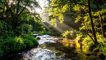 Obraz premium Sunlit Stream in Forest: The sunlight filters through the trees and illuminating a gentle stream in the heart of the forest. The light creates a magical spectacle.