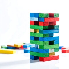 A colorful wooden block tower stands tall, surrounded by scattered blocks, on a white surface.