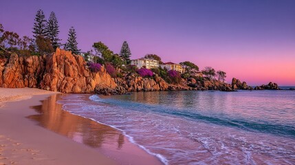 Serene sunrise over a secluded cove, pink hues reflecting on the sandy beach