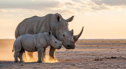 Fototapeta premium A mother white rhino and her calf in the African savanna at sunset.