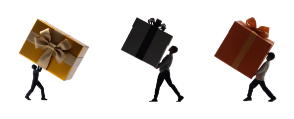 Carrying gifts through a city celebration silhouette urban, isolated on transparent background, png set