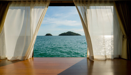 Seaside View with Sheer Curtains Framing Ocean and Island
