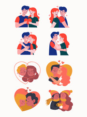 Fototapeta premium A vibrant collection of diverse illustrated couples expressing love through hugs kisses and shared hearts in a modern flat style. EPS Editable