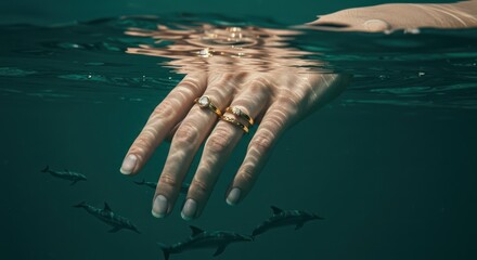 Hand with rings underwater, surrounded by dolphins.