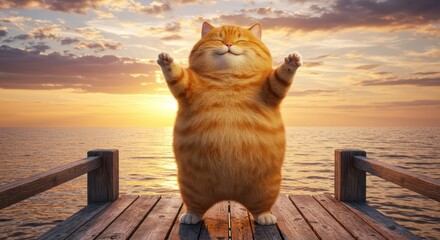 Happy chubby ginger cat enjoying sunset on wooden pier.