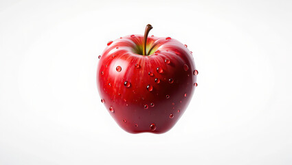 Single red apple with water droplets on white background