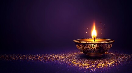 Ornate Golden Diya with Burning Flame on Dark Purple Background oil lamp fire
