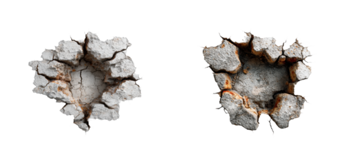 Cracks and damage event urban area content concrete, isolated on transparent background, png set