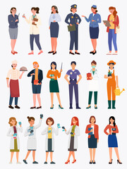 Fototapeta premium Diverse collection of illustrated women in various professional uniforms showcasing careers like doctor police officer chef and scientist. EPS Editable