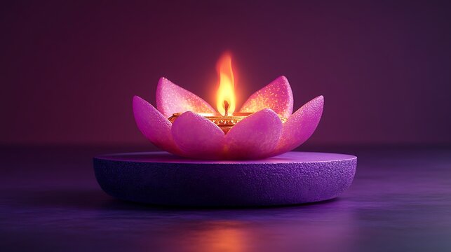 Pink lotus flower oil lamp with flame on purple textured base fire light