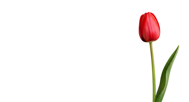 Single red tulip bud with green stem and leaf isolated on transparent background