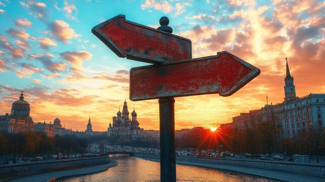 Rusty signpost at sunset over city