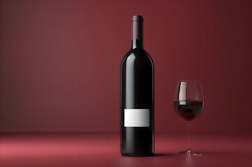 bottle of red wine with glass of wine on red background with blank label mockup template