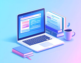 Isometric Laptop Displaying Web Page with Books and Coffee Cup on a Blue and Pink Gradient Background