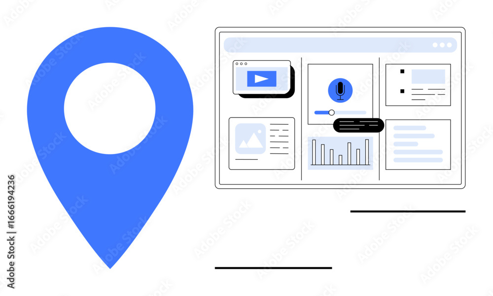 Poster blue location pin beside a digital dashboard with charts, notifications, video thumbnail, and layout