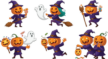 Halloween pumpkin witch cartoon characters with broomstick, ghost, candy, lantern, trick or treat scene, spooky holiday celebration illustration