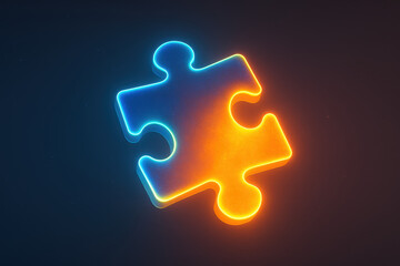 Obraz premium Glowing puzzle piece symbolizes missing piece in problem solving and business solution representing connection concept with vibrant blue and orange light on dark background