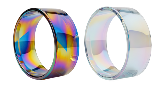 Two iridescent and metallic rings reflecting light and color isolated on transparent background