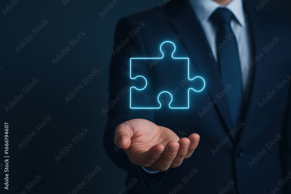 Poster puzzle piece glowing above hand represents missing piece for problem solving and business solution w
