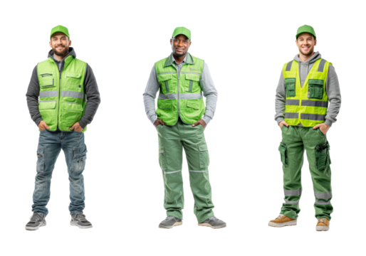Construction workers in green vests portrait, isolated on transparent background, png set