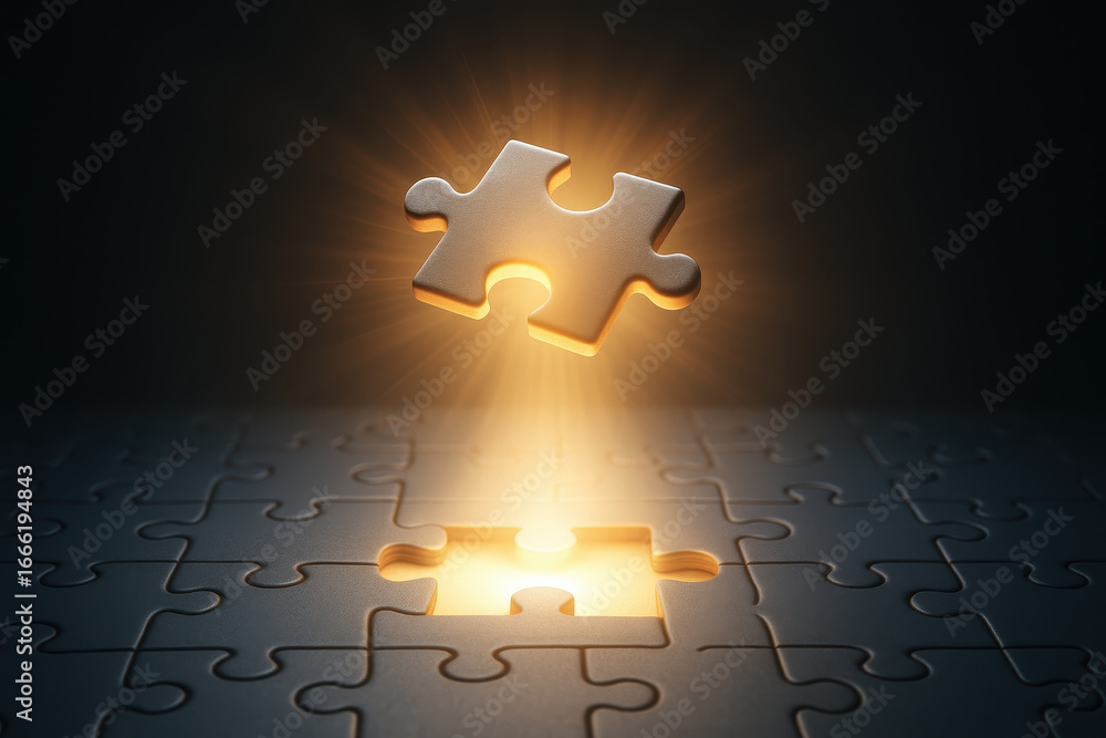 Poster puzzle piece missing piece problem solving business solution connection concept glowing light above 