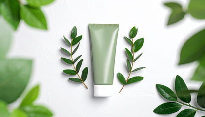 Serene Skincare Embrace: A refreshing skincare tube nestled amongst vibrant green leaves, symbolizing natural beauty and a revitalizing experience. 