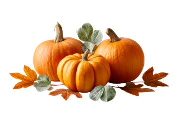 Three pumpkins with autumn leaves and greenery