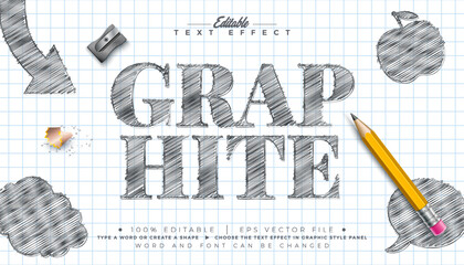 Editable Sketch Drawing Graphite Text Effect Design Vector Illustrator Graphic Style Effect with Customizable Hand Drawn Font and Doodle Symbols on Checkered Paper Background. Vector Premium Typograph