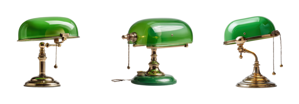 Elegant green lamps showcase vintage style home office, isolated on transparent background, png set