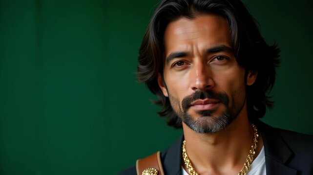 Middle Eastern businessman in traditional attire, shoulder-length hair, against a green backdrop, professional business video. - Powered by Adobe
