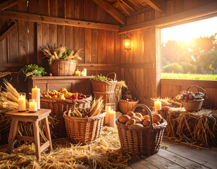  Rustic barn interior with harvest produce in wicker baskets and glowing candles at sunset