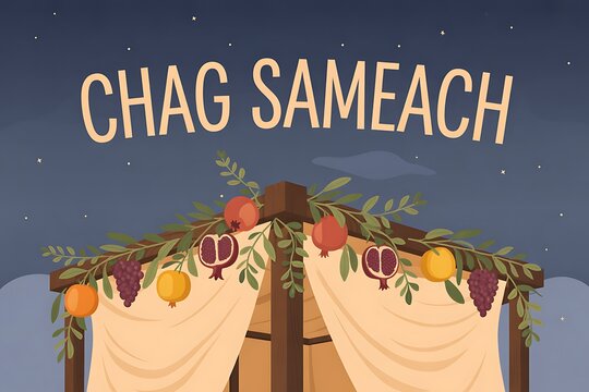 Celebrate Sukkot with vibrant fruits and festive decorations under a starry night sky, evoking joy and tradition for the Jewish harvest festival.