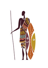 Vector silhouette of African tribal warrior with traditional spear and shield. Ethnic design symbolizing strength, defense and cultural heritage