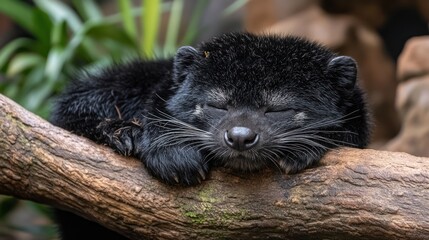Sleepy black animal resting on a branch