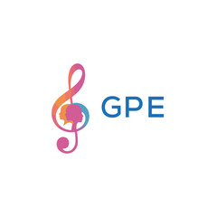 GPE  “Creative music logo with human silhouettes and treble clef in gradient colors, GPE  Later Logo, modern artistic design isolated on white background”
