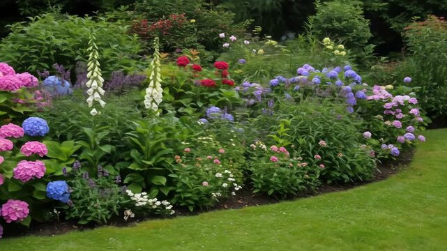 A vibrant garden bed displays a variety of colorful blooms including hydrangeas and foxgloves, alongside lush green foliage and a neatly trimmed lawn