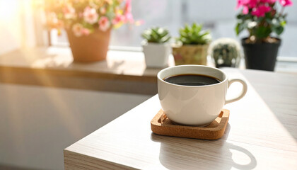 A Moment's Warmth: A steaming cup of coffee sits on a wooden coaster, bathed in the gentle rays of morning sunlight, surrounded by potted plants, creating a scene of tranquil serenity.