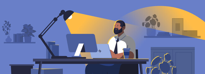 Businessman working late office desk lamp computer night workspace plants modern interior blue yellow color scheme website banner