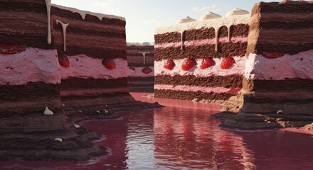 Surreal landscape of giant chocolate strawberry cakes with pink liquid.