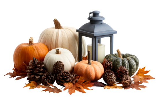Autumn harvest display with pumpkins and lantern
