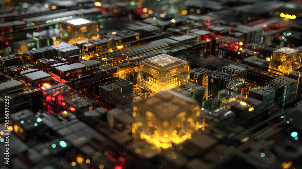 Fototapete Advanced Technology Visualization: processor microchip starting artificial intelligence digitalization of neural networking and Cloud Computing. Digital lines move data, quantum computer interior