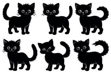 Vector art of silhouette set of six cute black cats isolated on white background vector illustration