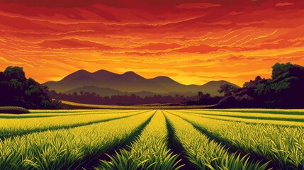 Vibrant sunset over a vast, golden rice paddy field and distant mountains.