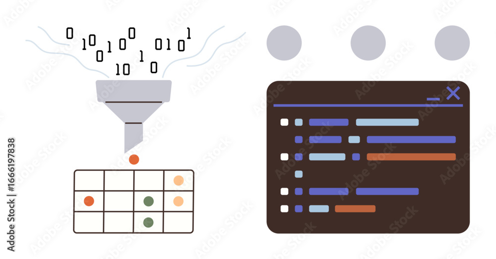 Poster funnel with binary digits flowing into a table, representing data processing, next to a coding inter