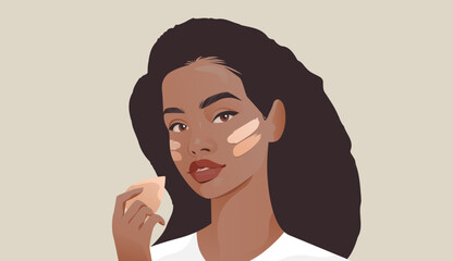 Woman applying foundation makeup beauty routine skincare diverse female face with sponge neutral background portrait