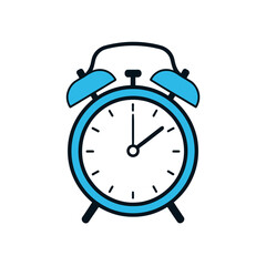 A detailed illustration of a classic blue alarm clock with black legs and hands.