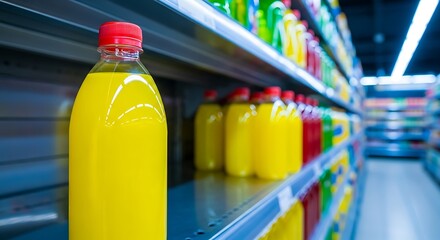 Selective Focus of Fresh Juice Bottle in a Supermarket Aisle