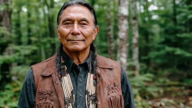 A portrait of an indigenous man in a forest, clad in traditional attire, showcasing his cultural pride and connection to nature.