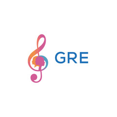 GRE  “Creative music logo with human silhouettes and treble clef in gradient colors, GRE  Later Logo, modern artistic design isolated on white background”
