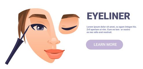 Eyeliner makeup application closeup female face cosmetic brush bold eyes beauty product clean background website banner